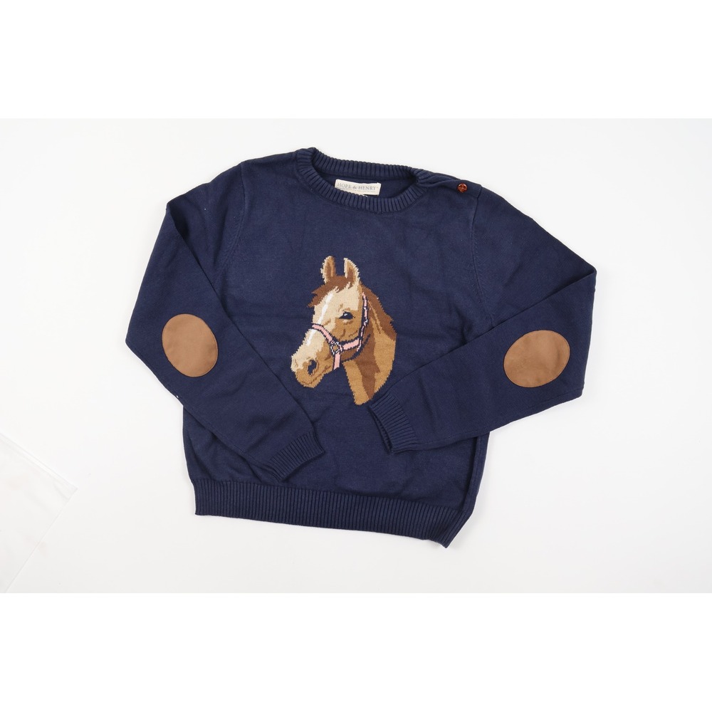 Hope & Henry Girls Intarsia Horse Sweater Navy Blue Equestrian Large NWT